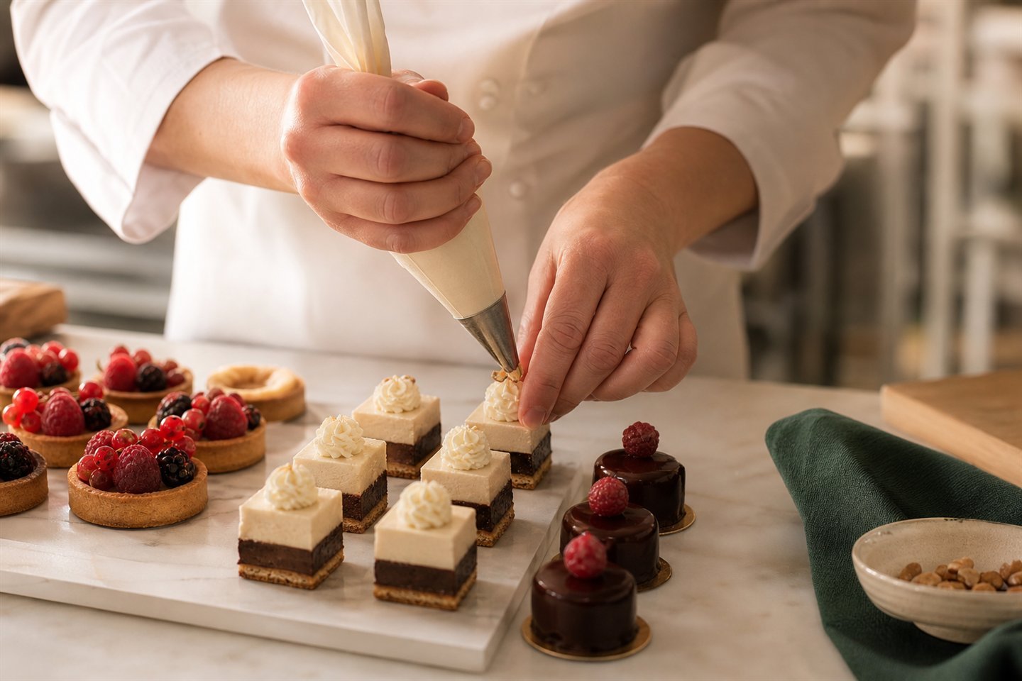 Pastry chef finishing small desserts by hand